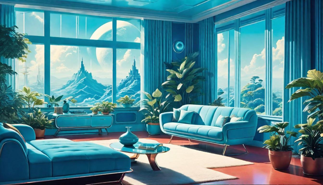  retro futuristic Serene blue room, open windows with curtains billowing, plants thriving in corners, everything in soft focus, Environment harmonized, Living well, Enhanced tranquility. lvintage sci fi, 50s and 60s style, atomic age, vibrant, highly detailed