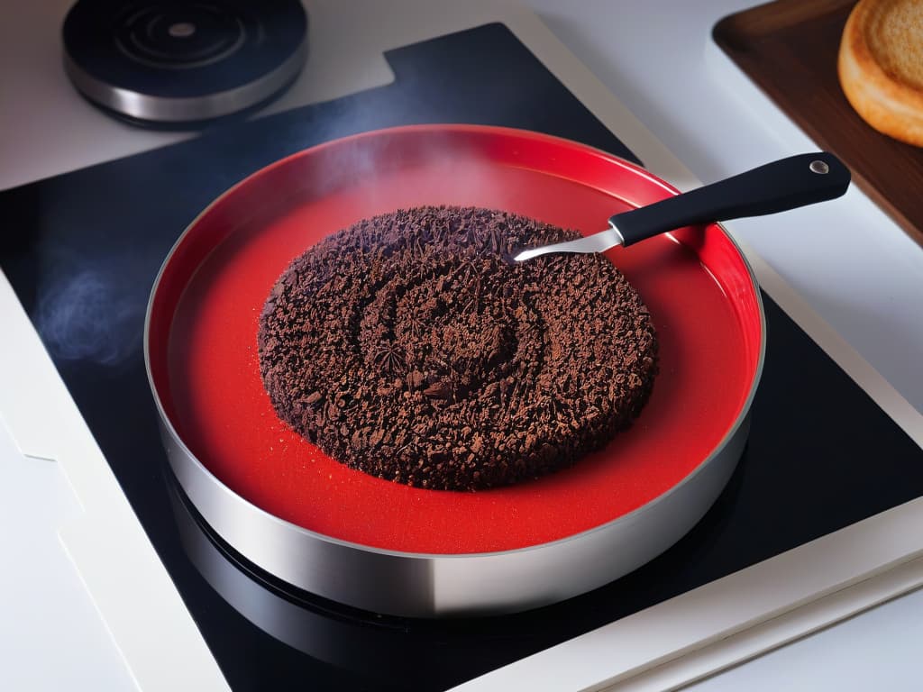  A closeup, ultradetailed image of a sleek, black induction cooktop with a vibrant, red saucepan placed precisely at the center. The cooktop's surface reflects a soft, ambient light, highlighting its smooth texture and modern design. The saucepan contains a bubbling, rich chocolate mixture, emitting a tantalizing aroma. This minimalist yet captivating image captures the essence of precision and innovation in pastrymaking with induction technology. hyperrealistic, full body, detailed clothing, highly detailed, cinematic lighting, stunningly beautiful, intricate, sharp focus, f/1. 8, 85mm, (centered image composition), (professionally color graded), ((bright soft diffused light)), volumetric fog, trending on instagram, trending on tumblr, HDR 4K, 8K