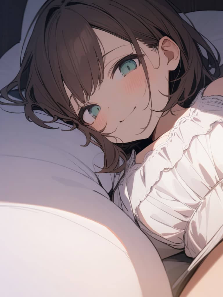  young ,brown hair,short hair, id next to ears,blue green eyes,round eyes,big s,white nightgown,obvious plump face,plump body,sweet smile,lying on the side of bed,ing,eye level view,close up view., masterpiece, best quality,8k,ultra detailed,high resolution,an extremely delicate and beautiful,hyper detail