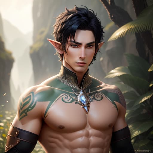  half-elf, male, ranger, short black hair, green eyes, tattoos, toned build, hyperrealistic, high quality, highly detailed, perfect lighting, intricate, sharp focus, f/1. 8, 85mm, (centered image composition), (professionally color graded), ((bright soft diffused light)), trending on instagram, HDR 4K, 8K