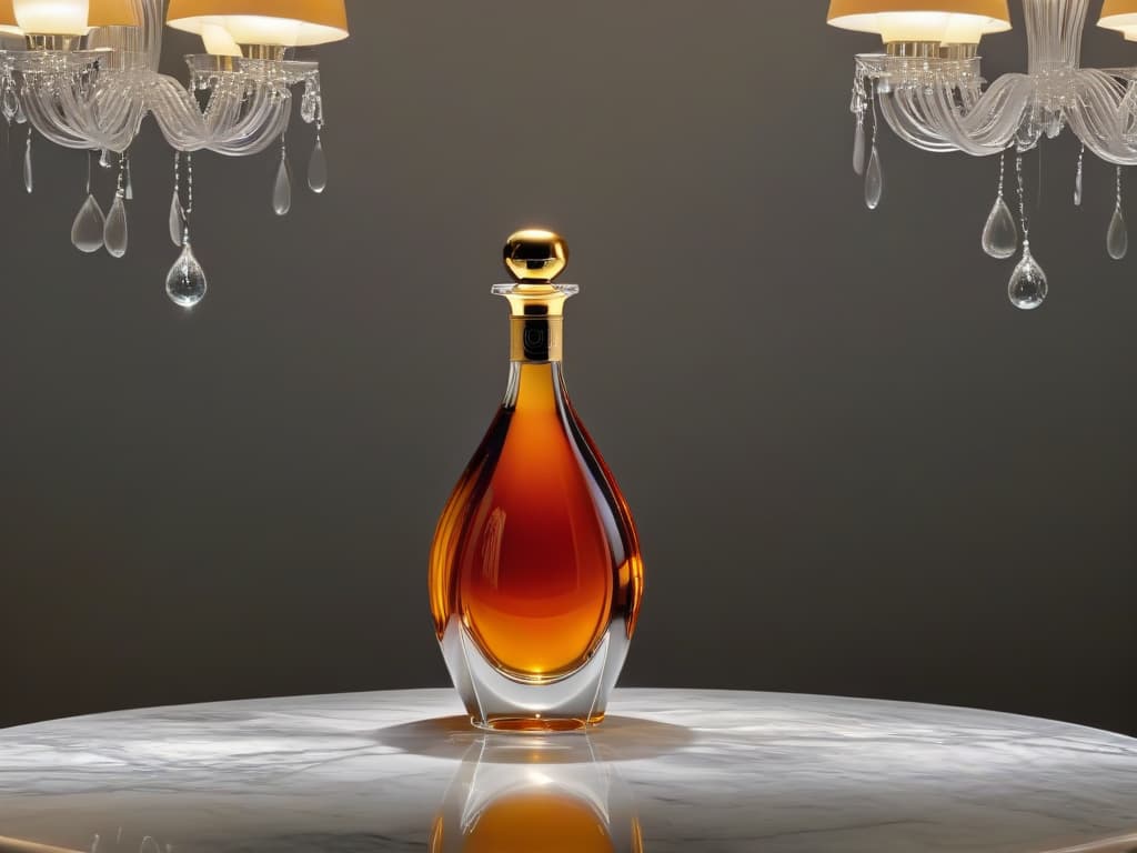  A luxurious crystal glass filled with rich ambercolored cognac, resting on a sleek, polished marble countertop. The warm glow of a sophisticated chandelier above reflects gently on the surface, casting a soft, elegant light on the scene. The intricate details of the glass, the condensation droplets, and the rich hue of the cognac create a captivating and visually appealing image that perfectly embodies the essence of elegance and refinement in desserts with premium liquors. hyperrealistic, full body, detailed clothing, highly detailed, cinematic lighting, stunningly beautiful, intricate, sharp focus, f/1. 8, 85mm, (centered image composition), (professionally color graded), ((bright soft diffused light)), volumetric fog, trending on instagram, trending on tumblr, HDR 4K, 8K