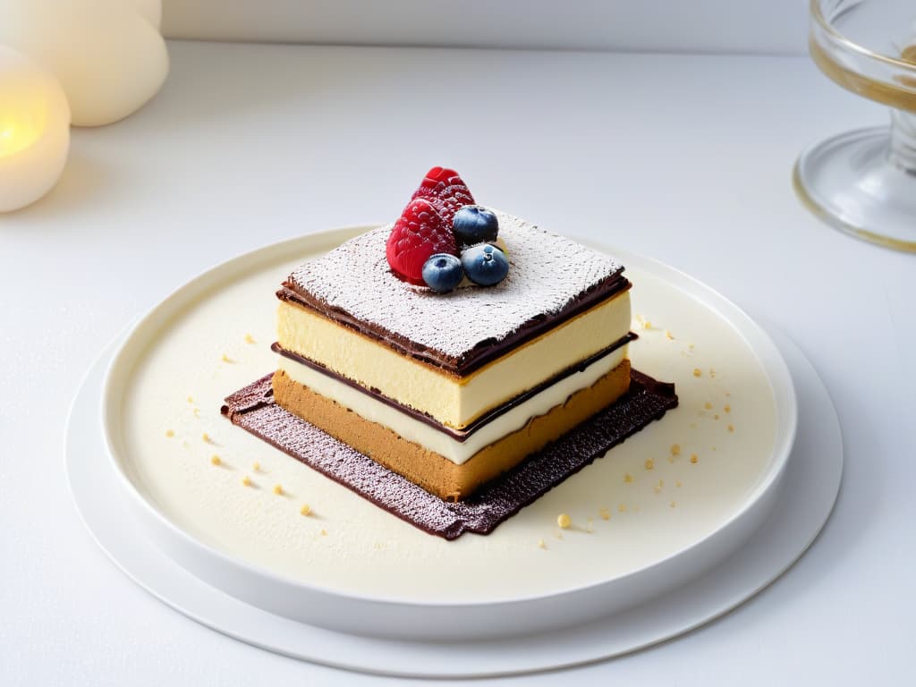  A minimalistic, highly detailed image of a delicate tiramisú dessert elegantly presented on a white porcelain plate. The tiramisú is dusted with a precise sprinkle of rich cocoa powder, and the layers of coffeesoaked ladyfingers and creamy mascarpone are perfectly visible, showcasing the intricate textures and layers of this classic Italian dessert. The plate is set against a clean, white background, emphasizing the simplicity and sophistication of the dish. hyperrealistic, full body, detailed clothing, highly detailed, cinematic lighting, stunningly beautiful, intricate, sharp focus, f/1. 8, 85mm, (centered image composition), (professionally color graded), ((bright soft diffused light)), volumetric fog, trending on instagram, trending on tumblr, HDR 4K, 8K