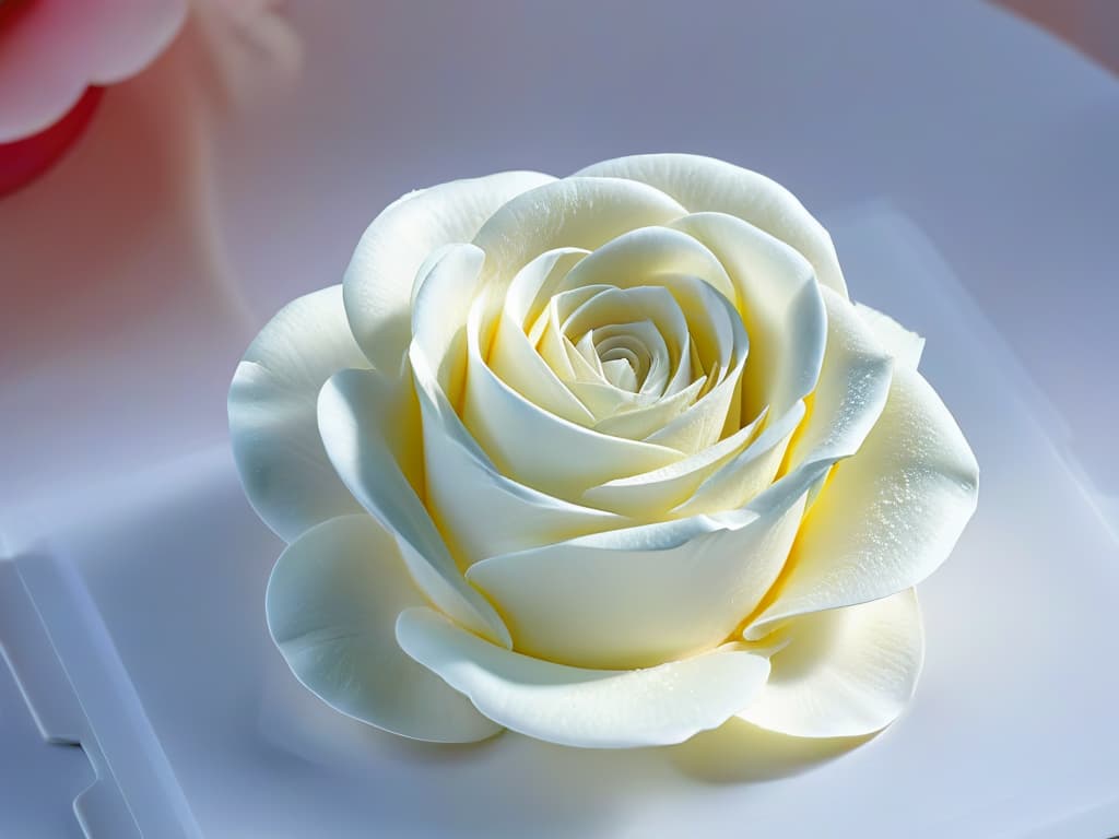  An ultradetailed 8k image of a beginnerfriendly sugar sculpture project featuring a simple yet elegant sugar rose being delicately crafted by a pair of hands. The hands, belonging to a diverse individual, are shown in exquisite detail, showcasing the intricate process of shaping the delicate sugar petals with precision and care. The background is a soft focus, highlighting the craftsmanship and artistry involved in creating this beautiful sugar sculpture. hyperrealistic, full body, detailed clothing, highly detailed, cinematic lighting, stunningly beautiful, intricate, sharp focus, f/1. 8, 85mm, (centered image composition), (professionally color graded), ((bright soft diffused light)), volumetric fog, trending on instagram, trending on tumblr, HDR 4K, 8K