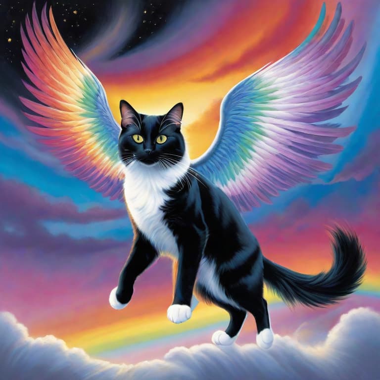  Subject Detail: The image depicts a majestic flying cat with a yet powerful stance. The cat has a sleek and muscular body with fur in various shades of black, gray, and white. It has vivid rainbow-colored wings, resembling the vibrant colors of the sky after a rainstorm. The wings are feathered and ethereal, creating an aura of magic and enchantment. The cat dons a flowing superhero cape, made of deep purple fabric, billowing dramatically behind it.

Medium: This artwork can be beautifully rendered in digital art, allowing for intricate details and vibrant colors.

Art Style: The art style for this image could be a mix of surrealism and fantasy, blending realistic features with dream-like elements. The emphasis should be on capturin