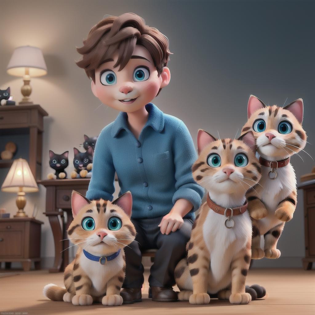  Disney baby boy with brown hair and blue eyes sitting with a fat black cat and a ginger and white cat hyperrealistic, full body, detailed clothing, highly detailed, cinematic lighting, stunningly beautiful, intricate, sharp focus, f/1. 8, 85mm, (centered image composition), (professionally color graded), ((bright soft diffused light)), volumetric fog, trending on instagram, trending on tumblr, HDR 4K, 8K