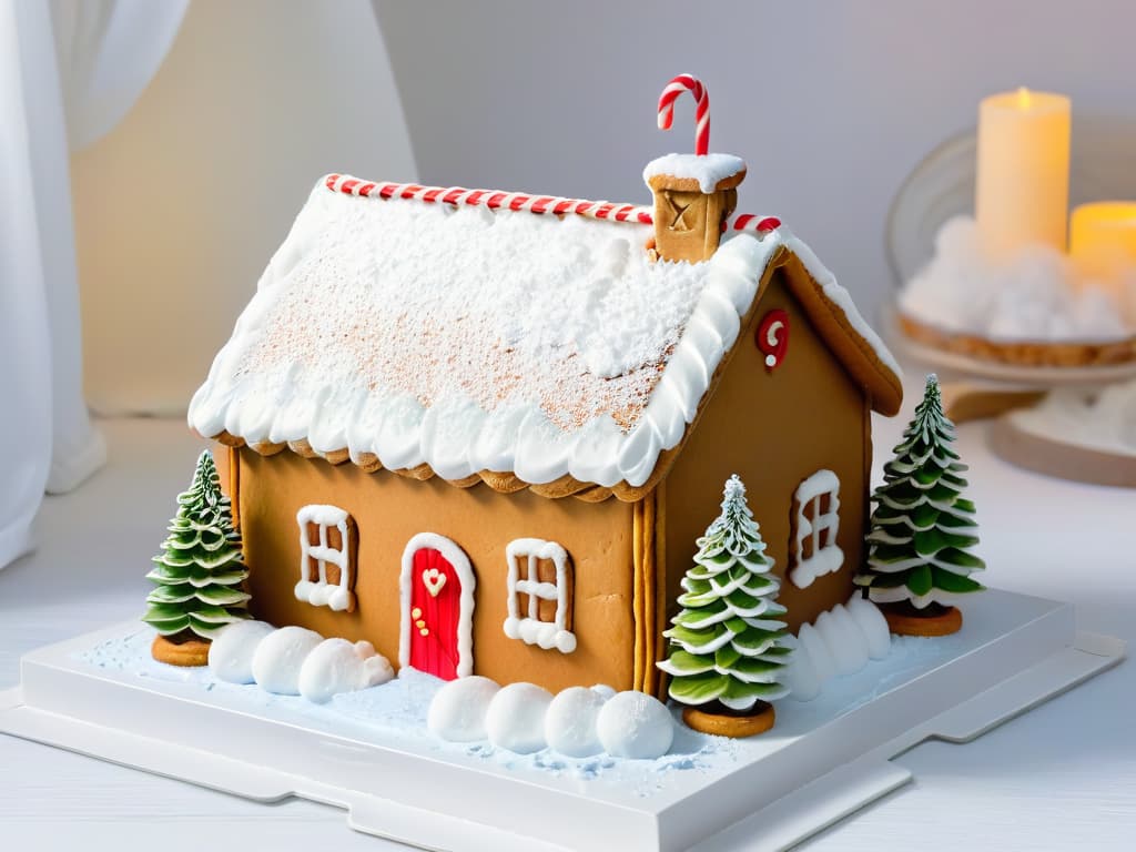  A closeup, ultradetailed photograph of a beautifully decorated gingerbread house, showcasing intricate icing details, candy cane trimmings, and miniature snowcovered trees surrounding the house. The image captures the essence of traditional Christmas baking and conveys a sense of warmth and holiday spirit. hyperrealistic, full body, detailed clothing, highly detailed, cinematic lighting, stunningly beautiful, intricate, sharp focus, f/1. 8, 85mm, (centered image composition), (professionally color graded), ((bright soft diffused light)), volumetric fog, trending on instagram, trending on tumblr, HDR 4K, 8K