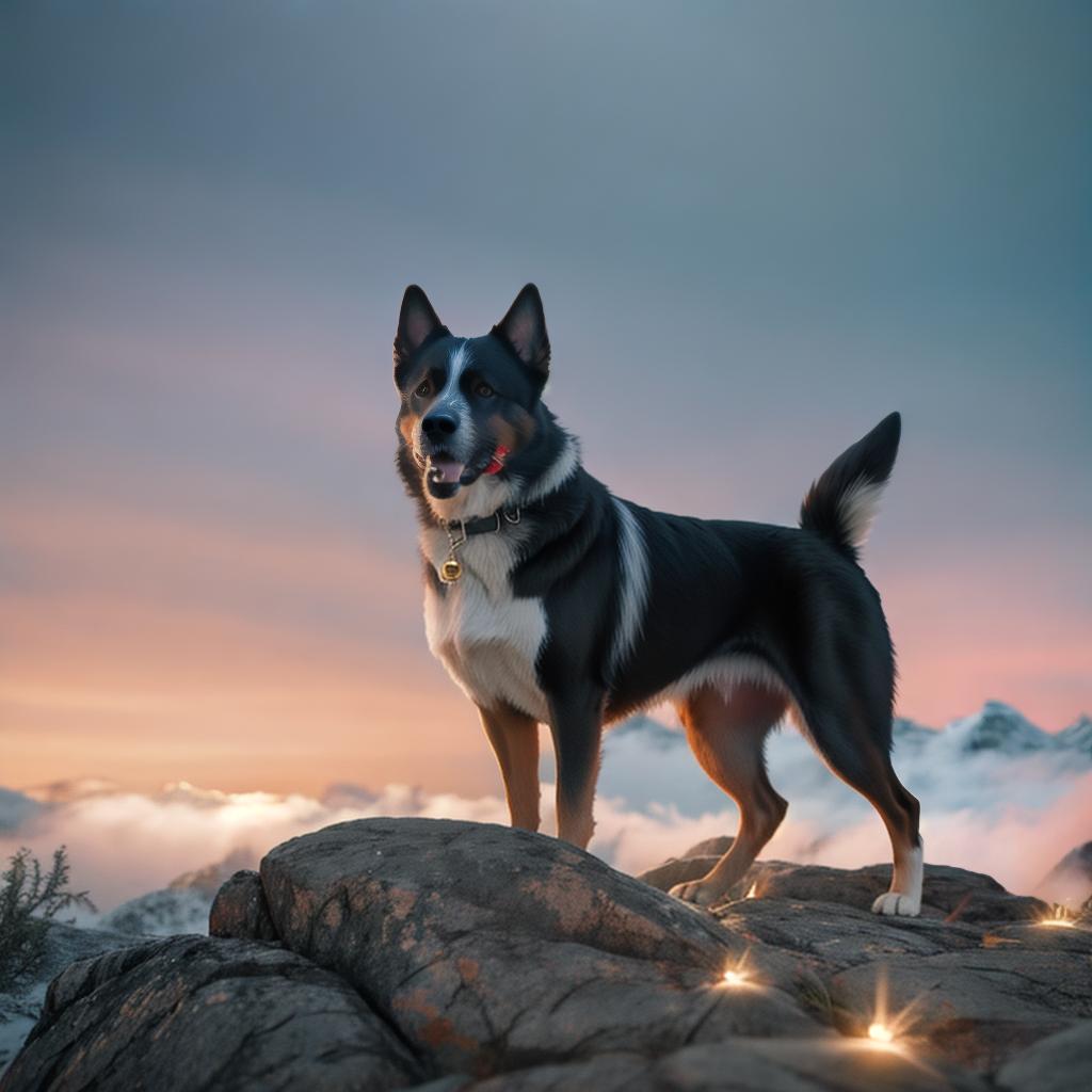  Create a image of dog hyperrealistic, full body, detailed clothing, highly detailed, cinematic lighting, stunningly beautiful, intricate, sharp focus, f/1. 8, 85mm, (centered image composition), (professionally color graded), ((bright soft diffused light)), volumetric fog, trending on instagram, trending on tumblr, HDR 4K, 8K