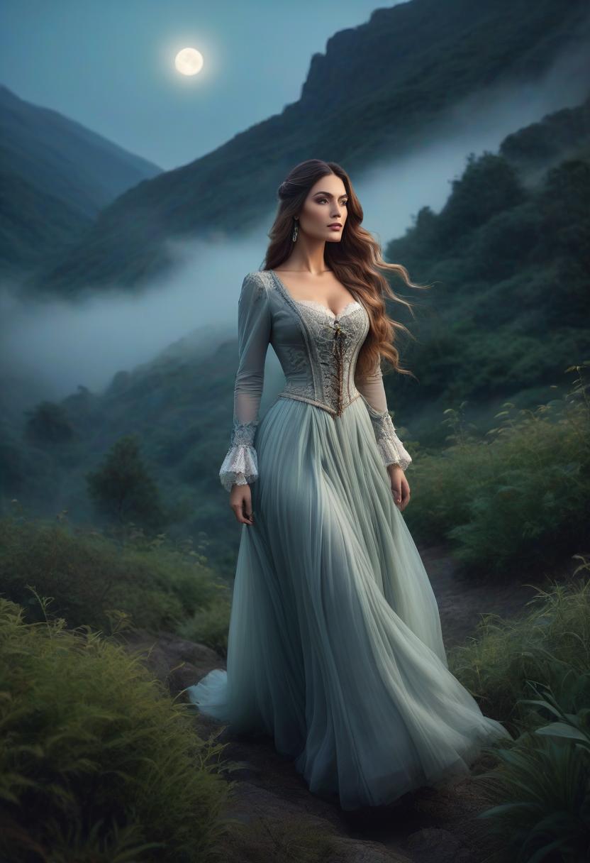  A beautiful and composed young woman with long elegant hair strolls through a lush landscape of mountains, wearing Victorian era attire. A mystical fog, highly detailed imagery, ambient lighting, a lovely night scene, and a vast moon. hyperrealistic, full body, detailed clothing, highly detailed, cinematic lighting, stunningly beautiful, intricate, sharp focus, f/1. 8, 85mm, (centered image composition), (professionally color graded), ((bright soft diffused light)), volumetric fog, trending on instagram, trending on tumblr, HDR 4K, 8K