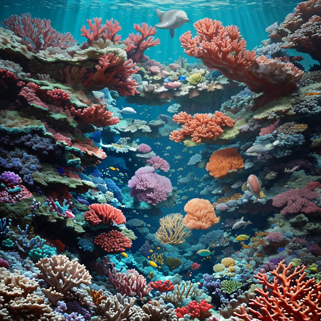  masterpiece, best quality, beautiful deep sea full of corals, diverse marine life and fascinating underwater landscapes with corals, appendages, small fish, anemones, dolphins, various algae, caves, colorful, 8k resolution and intricate detail