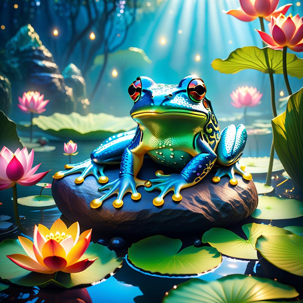  ethereal fantasy concept art of (Background): a lake with blooming lotuses of different shades: from white pink to bright crimson and leaves of tender green colour. The sky above the lake of dark blue colour with golden stars scattered on it. (Fantasy Princess Frog): in the centre of the lake on the biggest lotus flower sits a charming frog in a golden crown decorated with blue and blue precious stones. In his paws he holds a ring decorated with blue stones. Style: fantasy, Russian fairy tales, illustrations. . magnificent, celestial, ethereal, painterly, epic, majestic, magical, fantasy art, cover art, dreamy hyperrealistic, full body, detailed clothing, highly detailed, cinematic lighting, stunningly beautiful, intricate, sharp focus, f/1. 8, 85mm, (centered image composition), (professionally color graded), ((bright soft diffused light)), volumetric fog, trending on instagram, trending on tumblr, HDR 4K, 8K