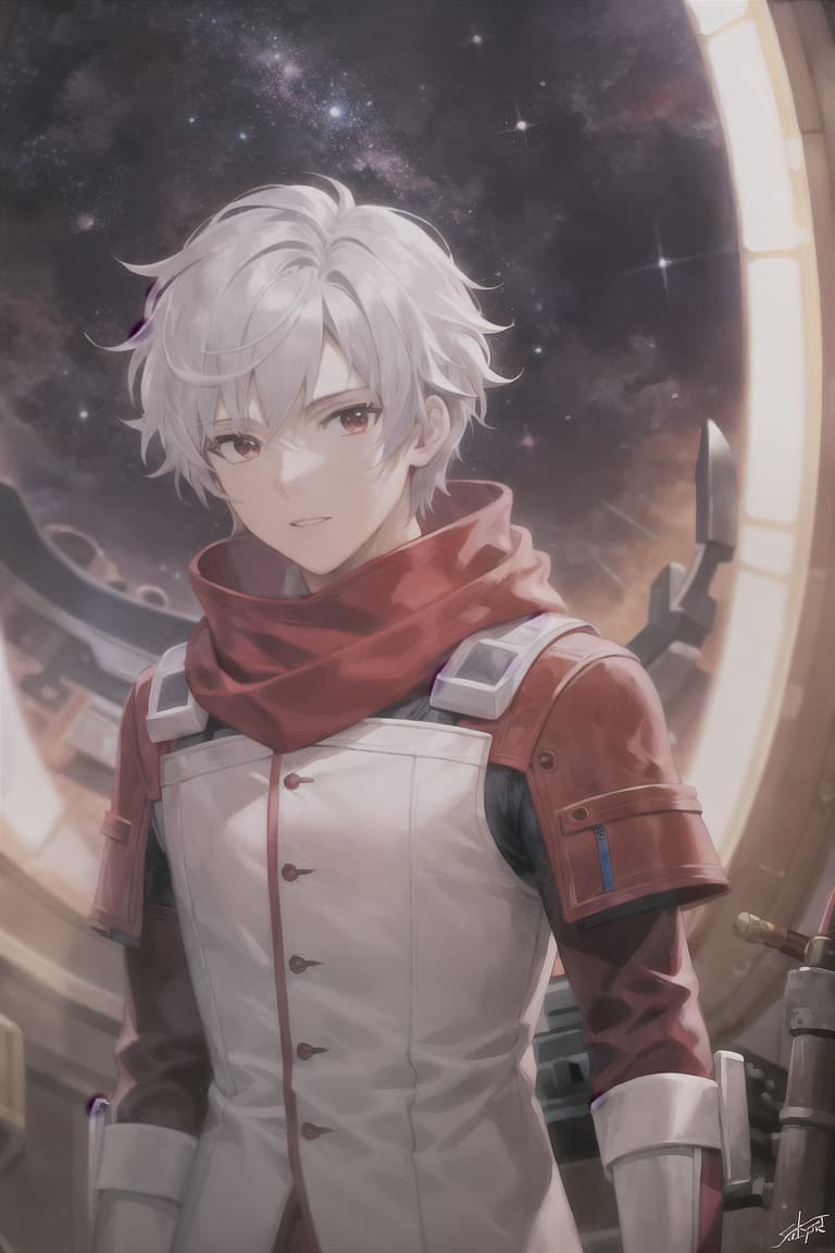  master piece , best quality,Red hero, male, white hair, short hair, mechanical, space, blue scarf