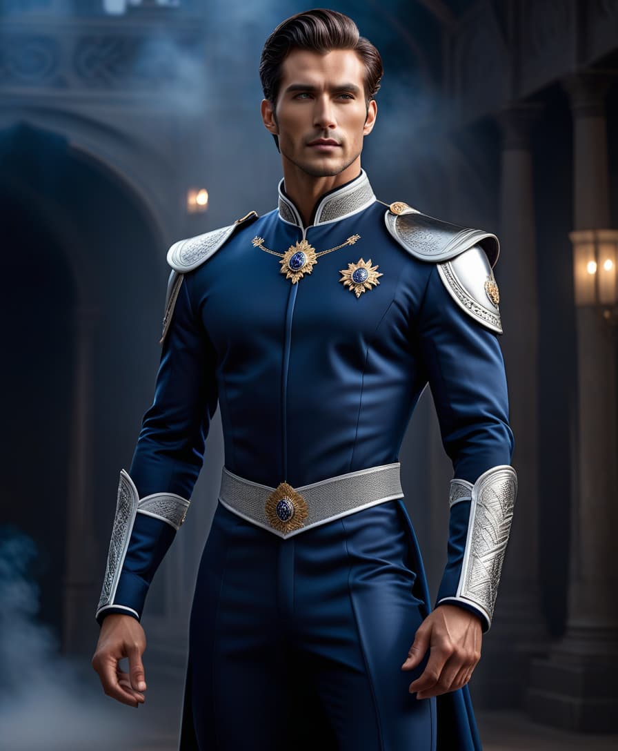  Tall young man, dark blue and silver royal costume, standing sideways, beautiful body, light skin hyperrealistic, full body, detailed clothing, highly detailed, cinematic lighting, stunningly beautiful, intricate, sharp focus, f/1. 8, 85mm, (centered image composition), (professionally color graded), ((bright soft diffused light)), volumetric fog, trending on instagram, trending on tumblr, HDR 4K, 8K