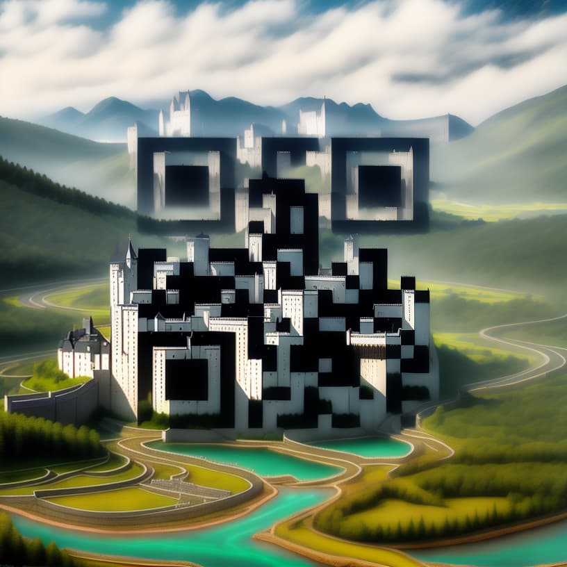  style realistic 8k, castle, river, forest, mountains