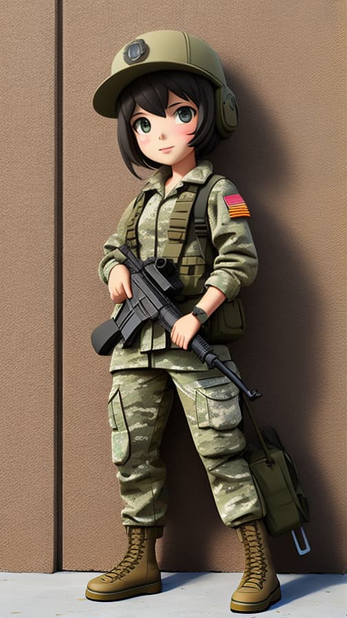  Full body three-headed US soldier fully equipped camouflage clothing, machine gun, military helicopter, girl, cute.