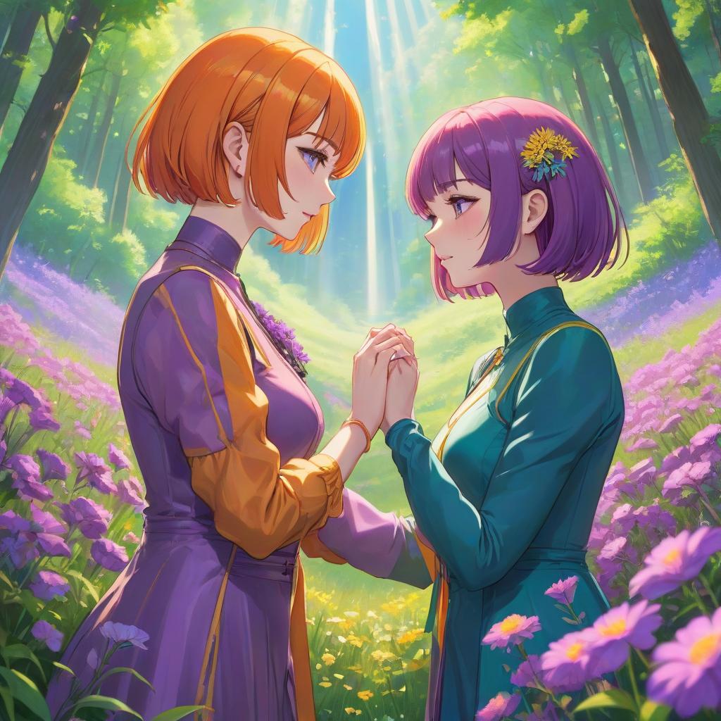  Art Deco style Two adult women hold hands, lovingly looking into each other's eyes. They sit in a field of purple flowers, behind them a green forest and a sky with a double rainbow. The woman on the left has short purple hair with a fringe on her left eye, pale skin, green eyes, and a turned up nose. The second woman has long winding golden orange hair with a fringe on her right eye, blue eyes, and a hooked nose. They are dressed in a contemporary purple orange yellow outfit. [Translate platform argument]=[input]["Two adult women hold hands, lovingly looking into each other's eyes. They sit in a field of purple flowers, behind them a green forest and a sky with a double rainbow. The woman on the left has short purple hair with a fringe on hyperrealistic, full body, detailed clothing, highly detailed, cinematic lighting, stunningly beautiful, intricate, sharp focus, f/1. 8, 85mm, (centered image composition), (professionally color graded), ((bright soft diffused light)), volumetric fog, trending on instagram, trending on tumblr, HDR 4K, 8K