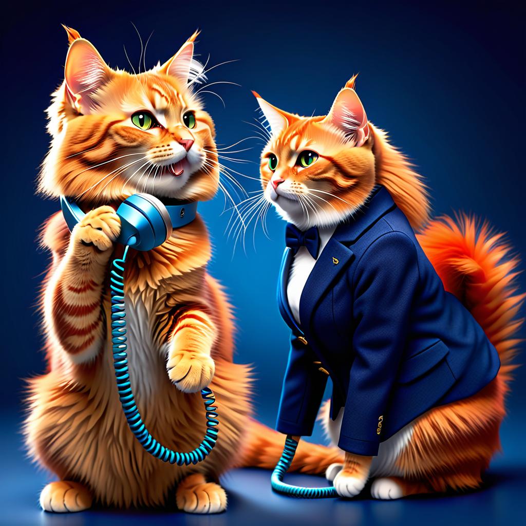  Corporate branding style The cute, 2D, red, fluffy cat, in a dark blue background, is happily talking on the phone, enjoying the clear connection. . Professional, clean, modern, sleek, minimalist, business oriented, highly detailed hyperrealistic, full body, detailed clothing, highly detailed, cinematic lighting, stunningly beautiful, intricate, sharp focus, f/1. 8, 85mm, (centered image composition), (professionally color graded), ((bright soft diffused light)), volumetric fog, trending on instagram, trending on tumblr, HDR 4K, 8K