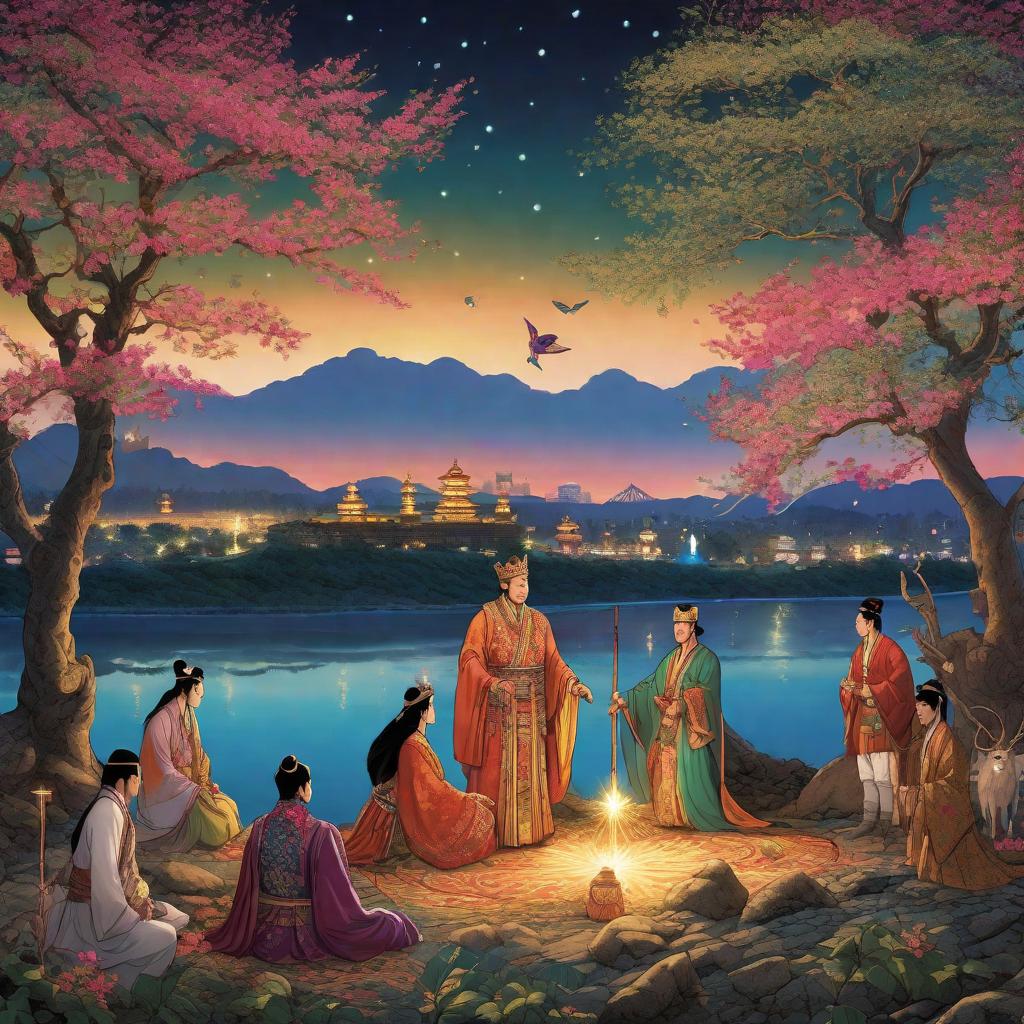  In this well-illuminated, mythical night scene by the Han River, the main characters - the Forgotten Prince, members of his tribe, the Night Fairies, and the Adventurers - assemble around the river's edge with the backdrop of a mesmerizing island in sight. The Forgotten Prince, a journeyer in search of his dreams, is depicted as a radiant figure, with a sparkling crown and attire that reflects the starlit sky above. His tribe members, dressed in traditional attires adorned with dreamlike symbols, radiate enthusiasm and anticipation for the Prince's revival; their eyes alight with newfound hope and joy. Fluttering around them are the Night Fairies, enchanting creatures emanating magic, their bright clothes illuminating the riverside as they hyperrealistic, full body, detailed clothing, highly detailed, cinematic lighting, stunningly beautiful, intricate, sharp focus, f/1. 8, 85mm, (centered image composition), (professionally color graded), ((bright soft diffused light)), volumetric fog, trending on instagram, trending on tumblr, HDR 4K, 8K