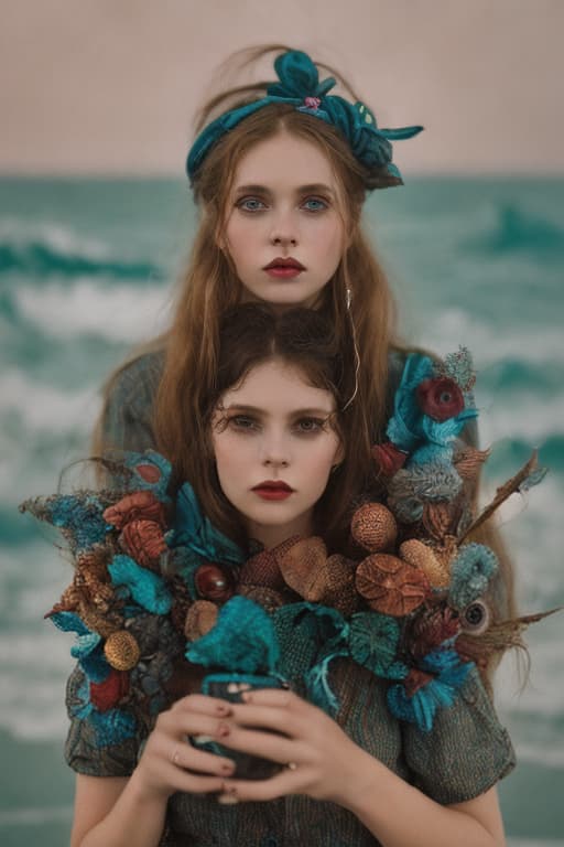 portrait+ style Lady, girl from the sleepy Hollow, eccentric clothes, vintage clothes, modern clothes, colours from the 70s, surrounded by ocean layer paper