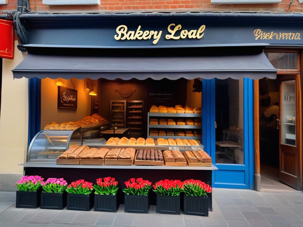  A highresolution, minimalist image of a small, quaint local bakery's storefront, with a warm glow emanating from its windows in the early morning light. The bakery sign in elegant cursive writing reads "Repostería Local" in Spanish. The storefront is adorned with pots of blooming flowers, and a chalkboard easel on the sidewalk displays the day's specials in beautiful calligraphy. Passersby can be seen through the reflection in the window, stopping to admire the display of artisanal pastries and bread inside. hyperrealistic, full body, detailed clothing, highly detailed, cinematic lighting, stunningly beautiful, intricate, sharp focus, f/1. 8, 85mm, (centered image composition), (professionally color graded), ((bright soft diffused light)), volumetric fog, trending on instagram, trending on tumblr, HDR 4K, 8K