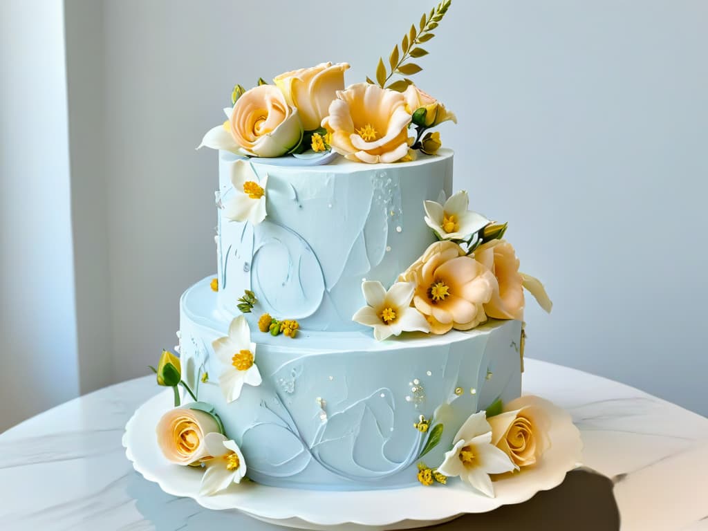  A closeup highresolution image of a delicate and intricate threetiered wedding cake with cascading fresh flowers in soft pastel colors, meticulously decorated with piped buttercream swirls and edible gold leaf accents. The cake sits on a marble countertop against a clean, white background, showcasing its elegant design and expert craftsmanship. hyperrealistic, full body, detailed clothing, highly detailed, cinematic lighting, stunningly beautiful, intricate, sharp focus, f/1. 8, 85mm, (centered image composition), (professionally color graded), ((bright soft diffused light)), volumetric fog, trending on instagram, trending on tumblr, HDR 4K, 8K