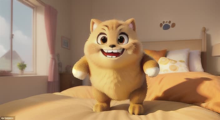  {Oh jumping out of bed with a big grin, the sun shining through the window., Oh has a round body covered in soft fur and small paws that twitch with excitement.