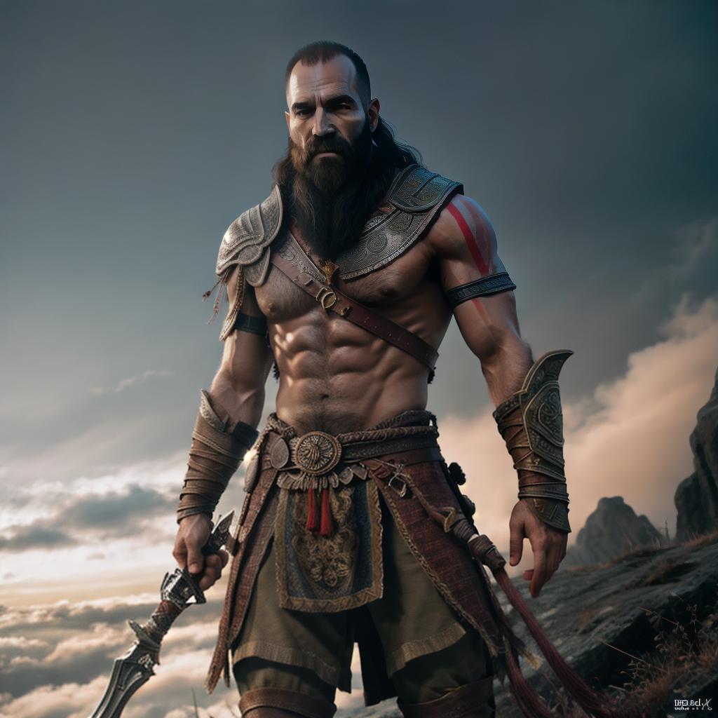  God of war hyperrealistic, full body, detailed clothing, highly detailed, cinematic lighting, stunningly beautiful, intricate, sharp focus, f/1. 8, 85mm, (centered image composition), (professionally color graded), ((bright soft diffused light)), volumetric fog, trending on instagram, trending on tumblr, HDR 4K, 8K