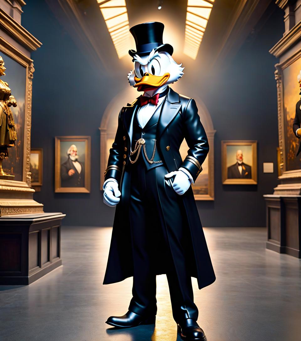  Scrooge McDuck in museum, in black suit, with sunglasses hyperrealistic, full body, detailed clothing, highly detailed, cinematic lighting, stunningly beautiful, intricate, sharp focus, f/1. 8, 85mm, (centered image composition), (professionally color graded), ((bright soft diffused light)), volumetric fog, trending on instagram, trending on tumblr, HDR 4K, 8K