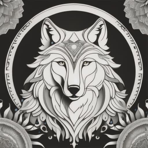  adult coloring book. wolf mandala style. black and white. include white space. hyperrealistic, full body, detailed clothing, highly detailed, cinematic lighting, stunningly beautiful, intricate, sharp focus, f/1. 8, 85mm, (centered image composition), (professionally color graded), ((bright soft diffused light)), volumetric fog, trending on instagram, trending on tumblr, HDR 4K, 8K