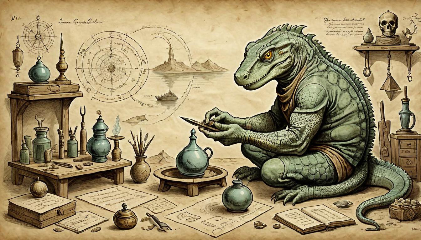  on parchment, surrealism+++, Reptilian figure tending to mundane tasks, background with organized tools and artifacts, human figure meditating, sense of daily life balance, spiritual focus, dim and serene(mysterious, provocative, symbolic,muted color)+++