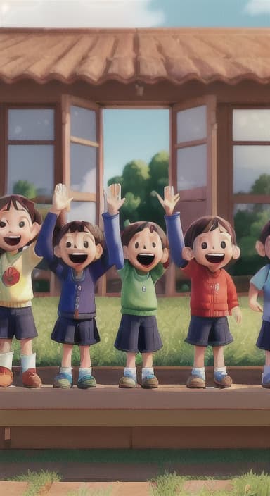  {A heartwarming scene of all the children waving goodbye with happy expressions., Children waving with wide smiles, looking grateful and content.