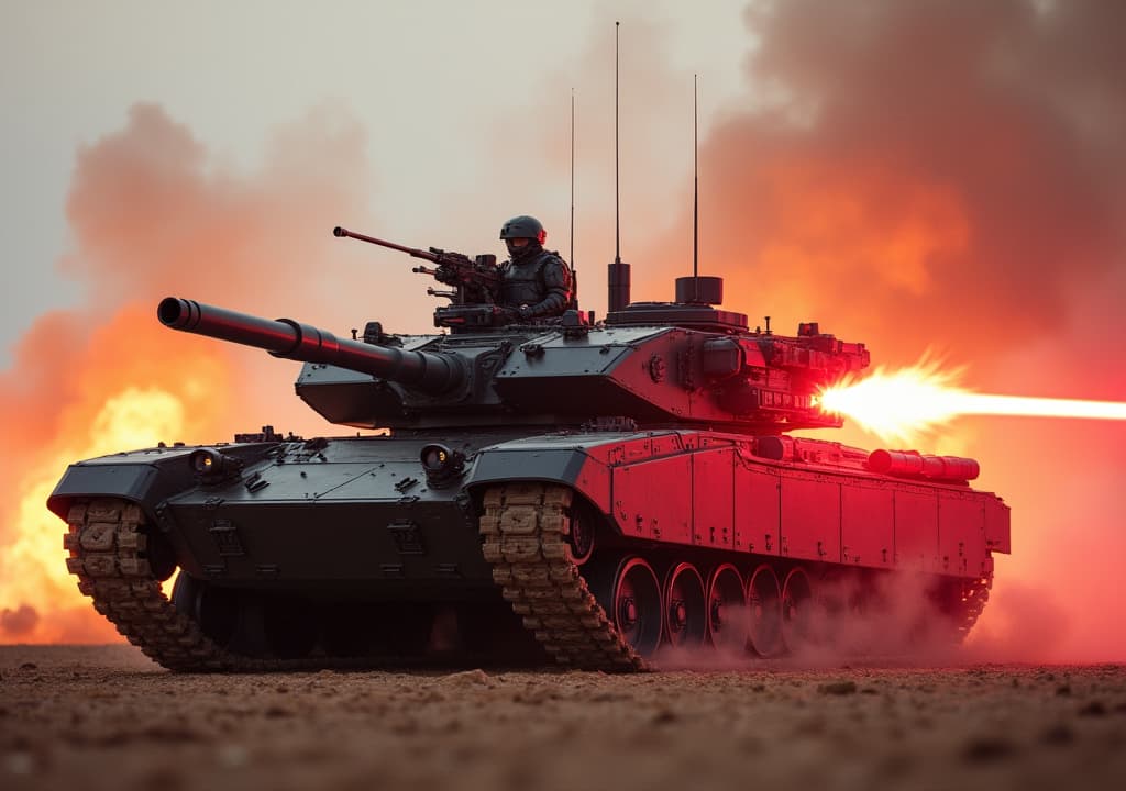  good quality, high quality, tanks with red laser weapon, cyber tanks, cyber armor, future, rolling over battle field shooting lasers, big explosions, masterpiece, best quality, excellent,,