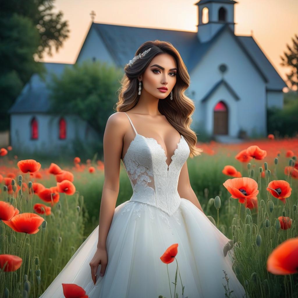  a young bride in a wedding dress, an exaggerated female face looking at the camera, stands in a field with poppies. In the background there is a church and houses, Watercolor, blue ink. hyperrealistic, full body, detailed clothing, highly detailed, cinematic lighting, stunningly beautiful, intricate, sharp focus, f/1. 8, 85mm, (centered image composition), (professionally color graded), ((bright soft diffused light)), volumetric fog, trending on instagram, trending on tumblr, HDR 4K, 8K