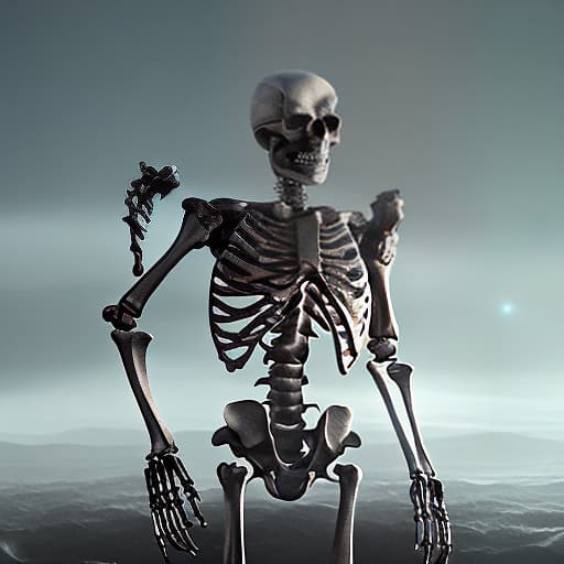 redshift style Skeleton wearing a full suit of knight armour on a theatre stage, leaving only the skull visible.