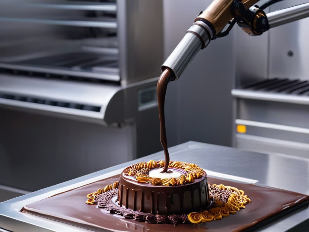  A highly detailed 8k ultradetailed image of a sleek, modern robotic arm delicately swirling a piping hot stream of liquid chocolate with precision and elegance against a backdrop of a futuristic, minimalist chocolate tempering machine. The robotic arm's metallic surface gleams under the soft glow of industrial lights, showcasing its intricate design and advanced technology in the art of chocolate tempering. The chocolate flows smoothly, forming intricate patterns and swirls, creating a mesmerizing visual display of precision and innovation in chocolatería. hyperrealistic, full body, detailed clothing, highly detailed, cinematic lighting, stunningly beautiful, intricate, sharp focus, f/1. 8, 85mm, (centered image composition), (professionally color graded), ((bright soft diffused light)), volumetric fog, trending on instagram, trending on tumblr, HDR 4K, 8K