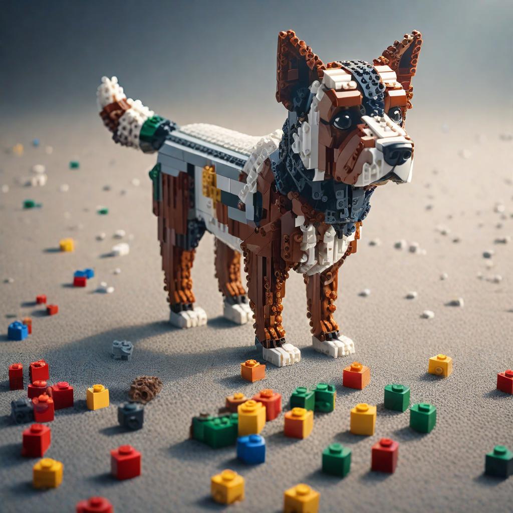  a dog made of lego cubes, cute, hyper detail, full HD hyperrealistic, full body, detailed clothing, highly detailed, cinematic lighting, stunningly beautiful, intricate, sharp focus, f/1. 8, 85mm, (centered image composition), (professionally color graded), ((bright soft diffused light)), volumetric fog, trending on instagram, trending on tumblr, HDR 4K, 8K