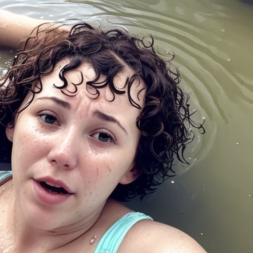  woman's face with short and curly hair drowning in the river