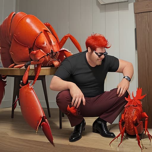  a big, evil lobster, with a pet chicken