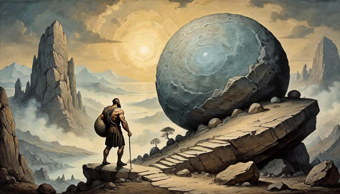  on parchment, surrealism+++, Sisyphus standing tall, face resolute, hands firmly on boulder, detailed textures on skin and rock, dawn breaking with first light, rugged path illuminated, atmosphere of determination and renewal(mysterious, provocative, symbolic,muted color)+++