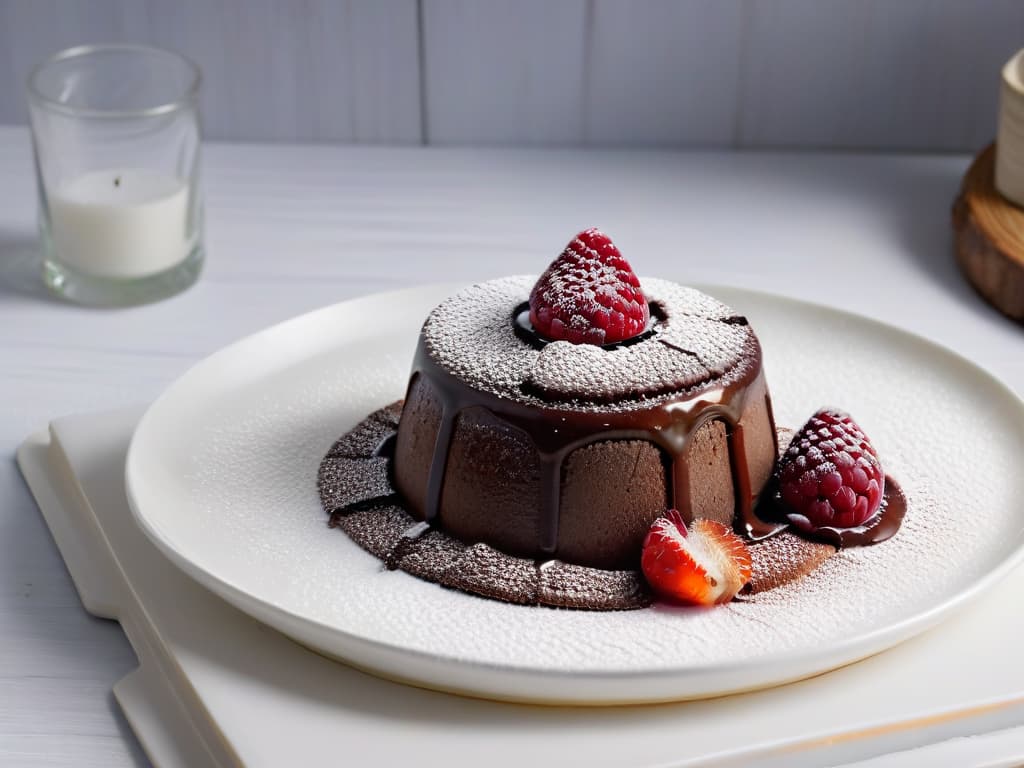  A minimalist image of a decadent chocolate lava cake topped with a single fresh raspberry, placed on a sleek white plate with a dusting of powdered sugar, set against a clean black background to highlight the dessert's glossy texture and vibrant color contrast. hyperrealistic, full body, detailed clothing, highly detailed, cinematic lighting, stunningly beautiful, intricate, sharp focus, f/1. 8, 85mm, (centered image composition), (professionally color graded), ((bright soft diffused light)), volumetric fog, trending on instagram, trending on tumblr, HDR 4K, 8K