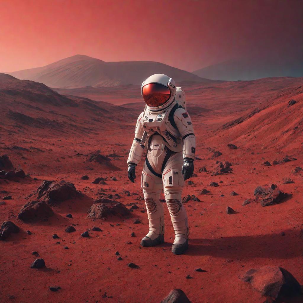  red sky on mars, cute, hyper detail, full HD hyperrealistic, full body, detailed clothing, highly detailed, cinematic lighting, stunningly beautiful, intricate, sharp focus, f/1. 8, 85mm, (centered image composition), (professionally color graded), ((bright soft diffused light)), volumetric fog, trending on instagram, trending on tumblr, HDR 4K, 8K