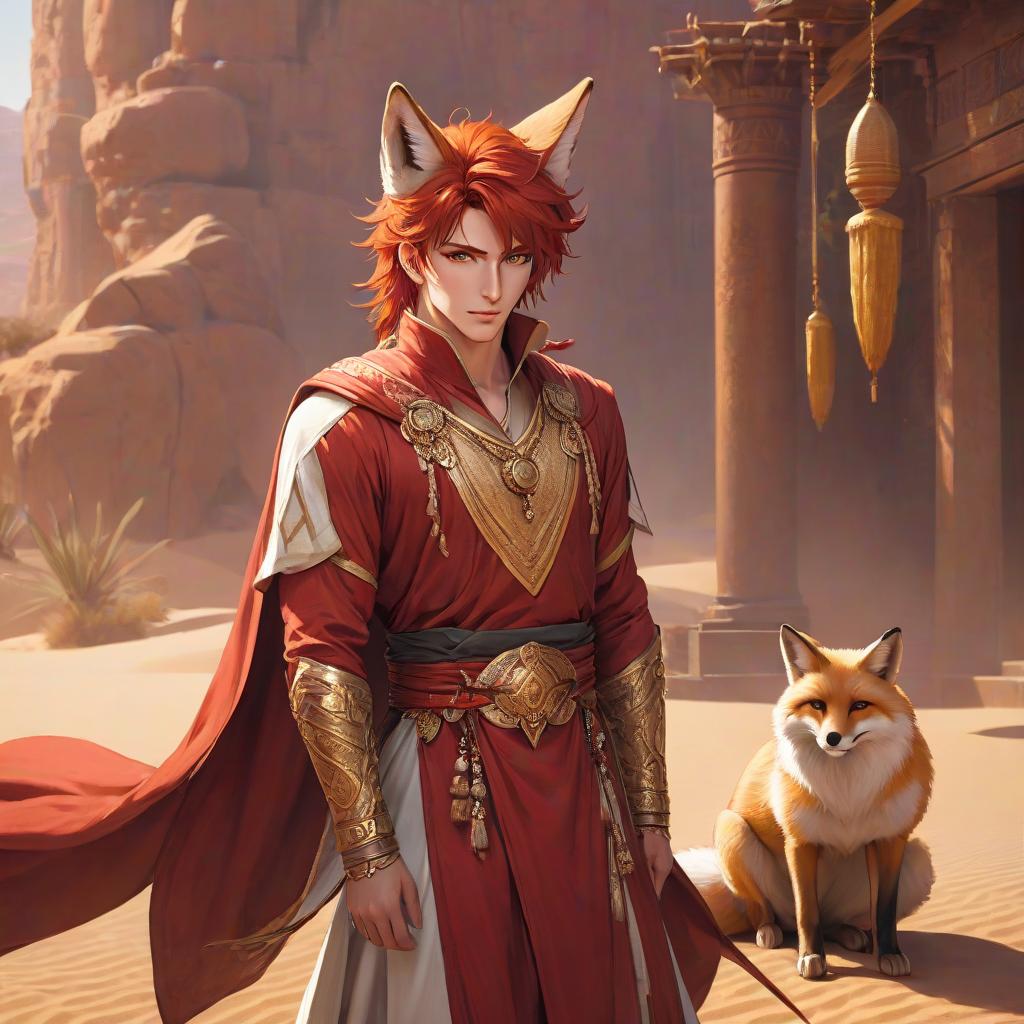  concept art A young, handsome, red haired guy with a human face and fox ears, red colored sharp eyes, dressed in an Eastern costume with many golden ornaments. The background is a desert. . digital artwork, illustrative, painterly, matte painting, highly detailed hyperrealistic, full body, detailed clothing, highly detailed, cinematic lighting, stunningly beautiful, intricate, sharp focus, f/1. 8, 85mm, (centered image composition), (professionally color graded), ((bright soft diffused light)), volumetric fog, trending on instagram, trending on tumblr, HDR 4K, 8K