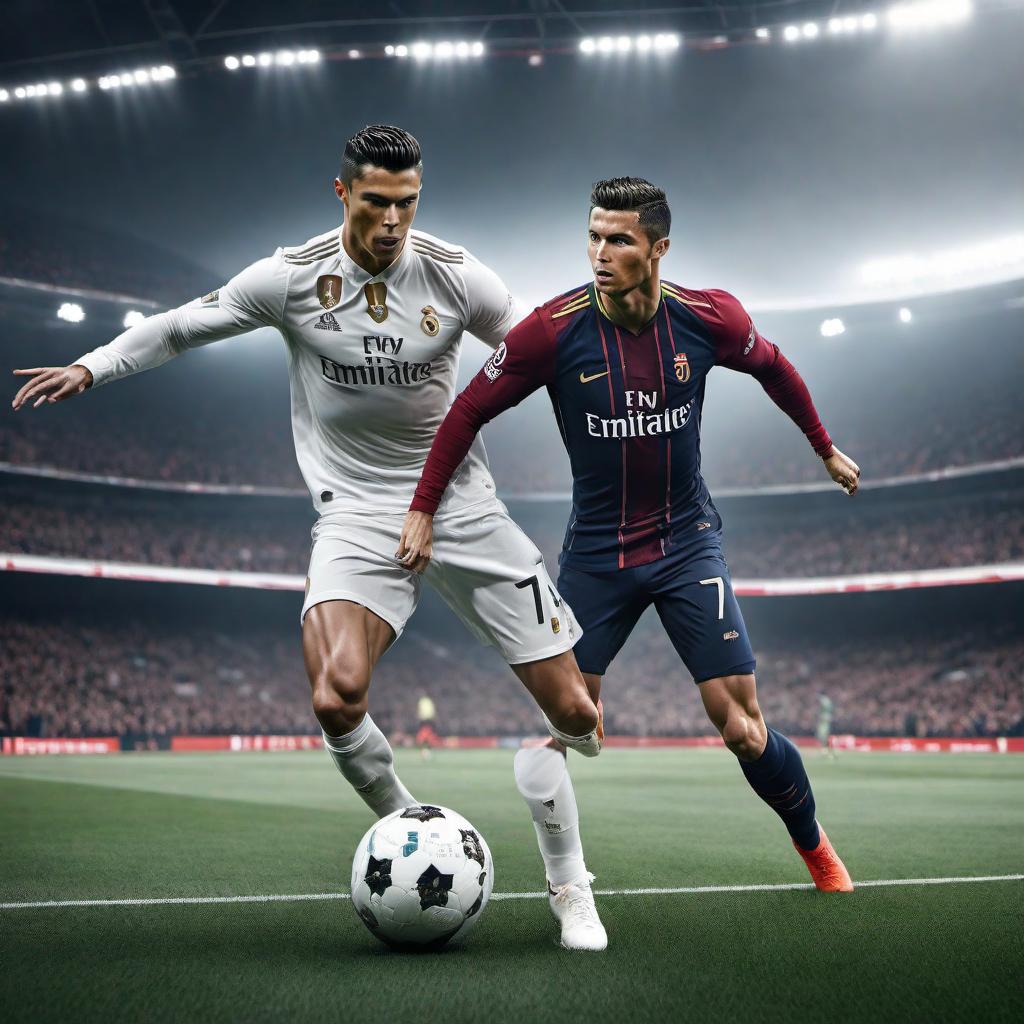  A YouTube post visualization featuring an AI versus Cristiano Ronaldo. Include text snippets from the post reply: 'AI vs. Ronaldo', 'technology meets football prowess', 'legendary footwork of CR7', 'machine learning algorithms vs. football star', 'Watch now', 'Who do you think will win?', along with related imagery like a silhouette of Ronaldo, a representation of AI or technology, perhaps a football pitch, and an engaging and exciting background. hyperrealistic, full body, detailed clothing, highly detailed, cinematic lighting, stunningly beautiful, intricate, sharp focus, f/1. 8, 85mm, (centered image composition), (professionally color graded), ((bright soft diffused light)), volumetric fog, trending on instagram, trending on tumblr, HDR 4K, 8K