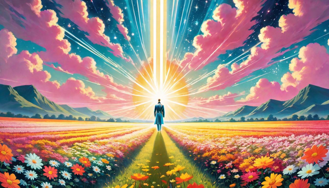  retro futuristic A figure struck by beams of light from above, standing in a field of ethereal flowers, sudden enlightenment, spiritual awakening, field of understanding, illuminated presence, connections to the cosmos, serene revelation, ethereal illumination lvintage sci fi, 50s and 60s style, atomic age, vibrant, highly detailed