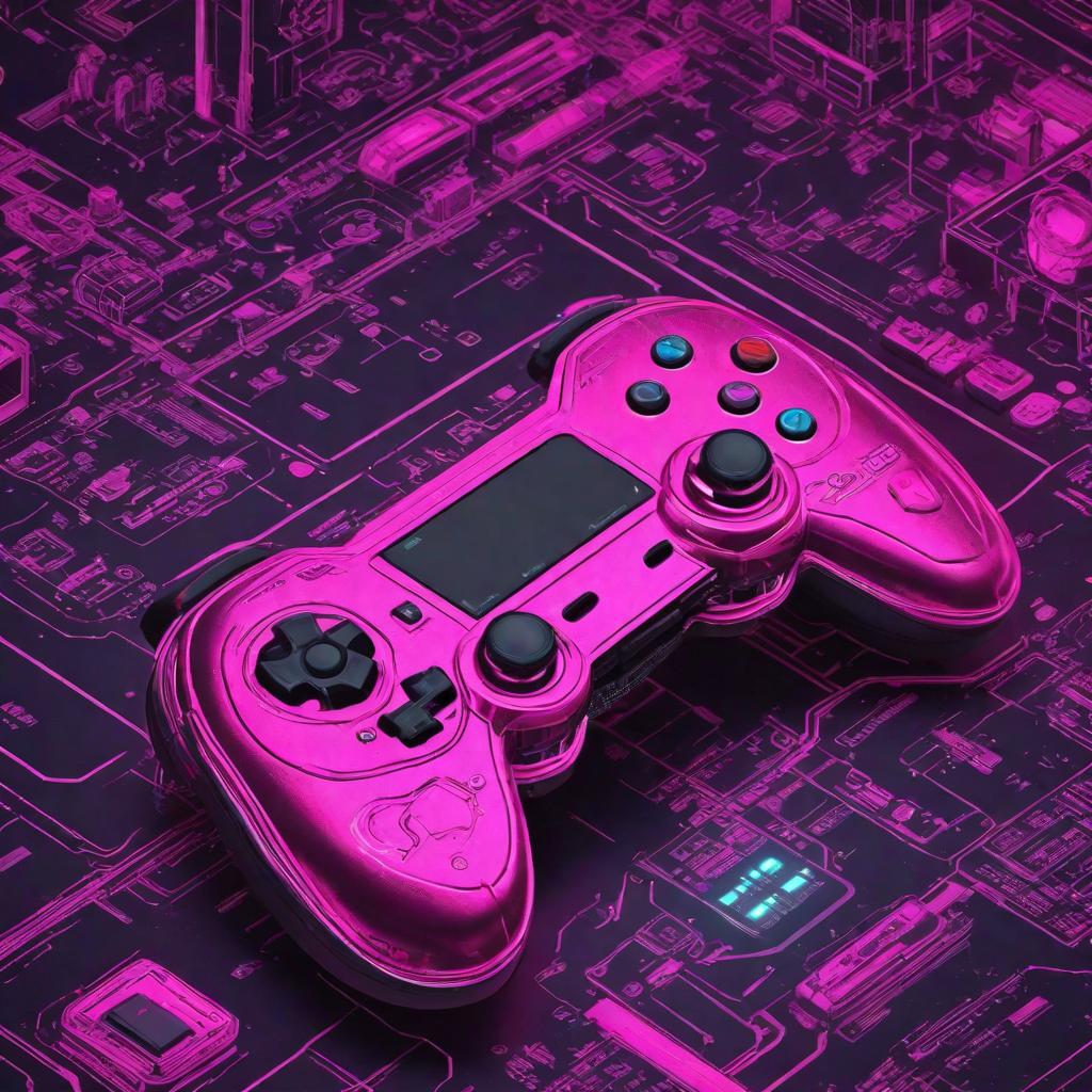  vintage gamepad, isometric plan, neon pink  cyberpunk style,  hyper realistic, high quality, detailed, cute, hyper detail, full HD hyperrealistic, full body, detailed clothing, highly detailed, cinematic lighting, stunningly beautiful, intricate, sharp focus, f/1. 8, 85mm, (centered image composition), (professionally color graded), ((bright soft diffused light)), volumetric fog, trending on instagram, trending on tumblr, HDR 4K, 8K