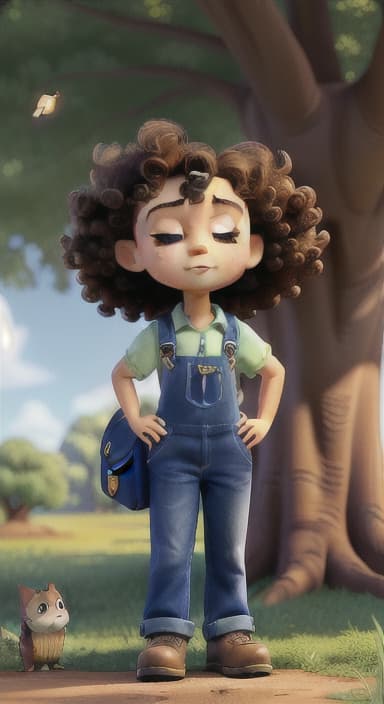  {Riley standing under the tree with eyes closed, making the wish., Riley, a curious with big brown eyes and curly hair, wearing overalls and carrying a small backpack. Their friend, Skye, a bluebird with shiny feathers.