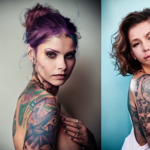 portrait+ style Dos mujeres iguales con tatuajes y pelo violeta