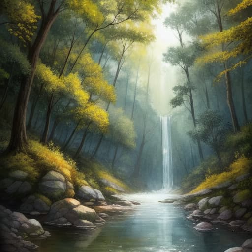  watercolor, storybook, child-book, A river flowing swiftly, with fish jumping and a small panda watching with amazement in a serene forest setting, best quality, very detailed, high resolution, sharp, sharp image hyperrealistic, full body, detailed clothing, highly detailed, cinematic lighting, stunningly beautiful, intricate, sharp focus, f/1. 8, 85mm, (centered image composition), (professionally color graded), ((bright soft diffused light)), volumetric fog, trending on instagram, trending on tumblr, HDR 4K, 8K