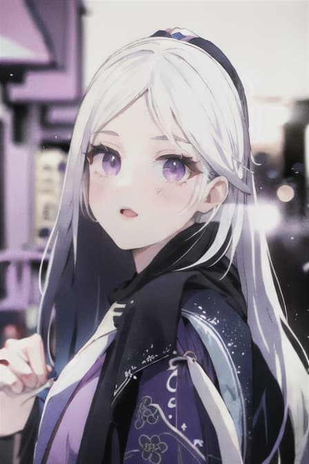  upper body, white hair, ponytail, purple eyes, (ninja), short sword, medium breats ,scarf, wallpaper, magic circle background, light particles, blue fire,