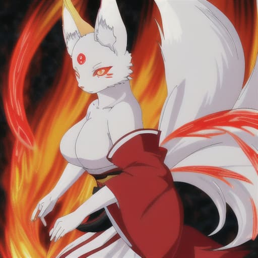  Japanese manga kitsune. narrow eyes. eyes in the fire. vertical pupils. colored. unique art style. blue and red split color. soft illumination. oc rendering. 32k. the best quality.