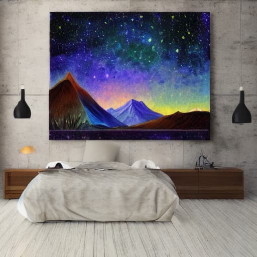  Nighttime painterly landscape galaxy mountain star beauty on planet from artist Dali